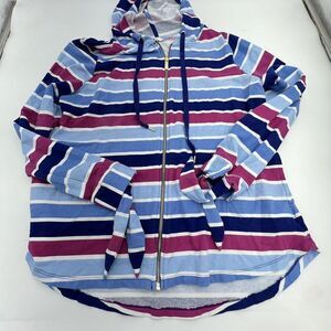 Crown & Ivy Womens Long Sleeve Blue Pink Striped Hoodie Full Zip Cotton Sz XL